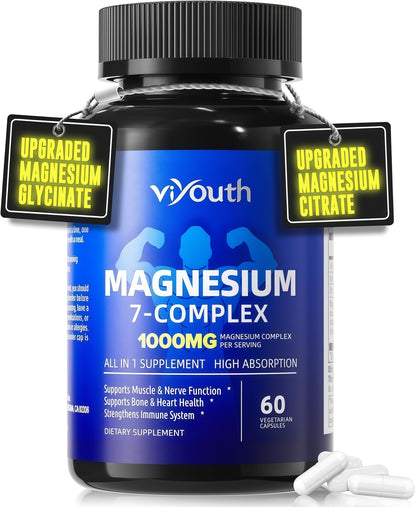 Magnesium 7 Complex Supplement Advanced with Glycinate Citrate Malate Chelate Taurate Orotate Aspartate, Capsules with Zinc, Vitamin D3 & B6 for Sleep, Muscle Relief, 60 Capsules