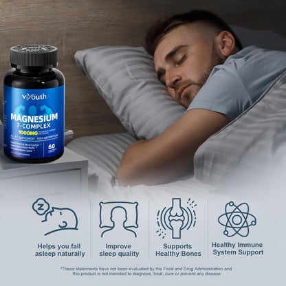 Magnesium 7 Complex Supplement Advanced with Glycinate Citrate Malate Chelate Taurate Orotate Aspartate, Capsules with Zinc, Vitamin D3 & B6 for Sleep, Muscle Relief, 60 Capsules