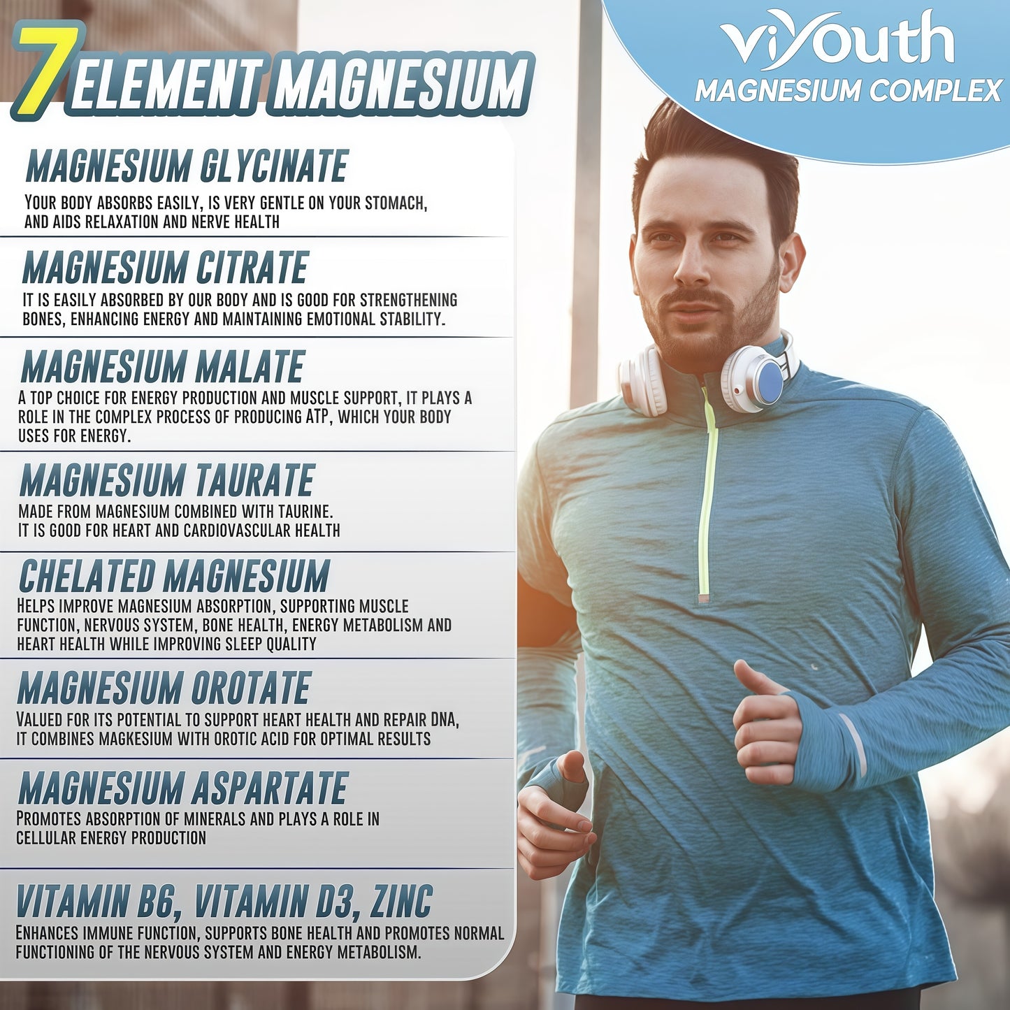 Magnesium 7 Complex Supplement Advanced with Glycinate Citrate Malate Chelate Taurate Orotate Aspartate, Capsules with Zinc, Vitamin D3 & B6 for Sleep, Muscle Relief, 60 Capsules