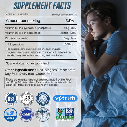 Magnesium 7 Complex Supplement Advanced with Glycinate Citrate Malate Chelate Taurate Orotate Aspartate, Capsules with Zinc, Vitamin D3 & B6 for Sleep, Muscle Relief, 60 Capsules